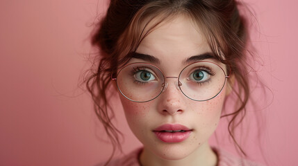 Fototapeta premium A close-up portrait of a young woman with large round glasses, light green eyes, and freckles. She has a surprised expression and is set against a pink background.