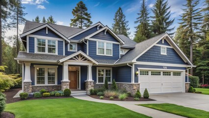 Elegant navy blue craftsman style new construction home nestled in a serene countryside setting, showcasing modern clean lines, rustic charm, and meticulous landscaping details.