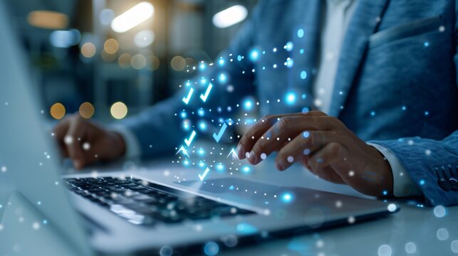 Digital Document Management: Businessman Organizing Data with Checkmarks on Virtual Screen via Laptop Online Form Creation Concept