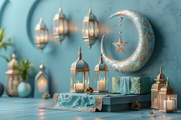 Obraz premium Ramadan kareem, 3d render image empty mockup light green podium