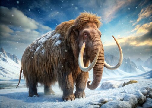 Massive woolly mammoth treks through Arctic snowstorm, its shaggy fur and tusks a stark contrast to the frozen, icy landscape of the North Pole wilderness.