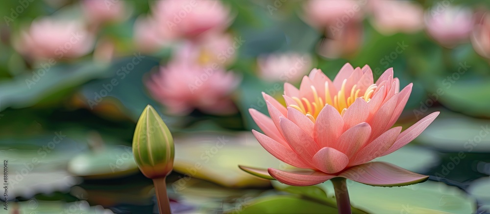 Poster capturing a stunning pink lotus flower in a macro photograph offering copy space image for text or p