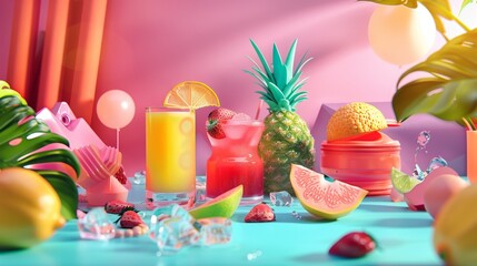 Tropical drinks and fruits in vibrant setting