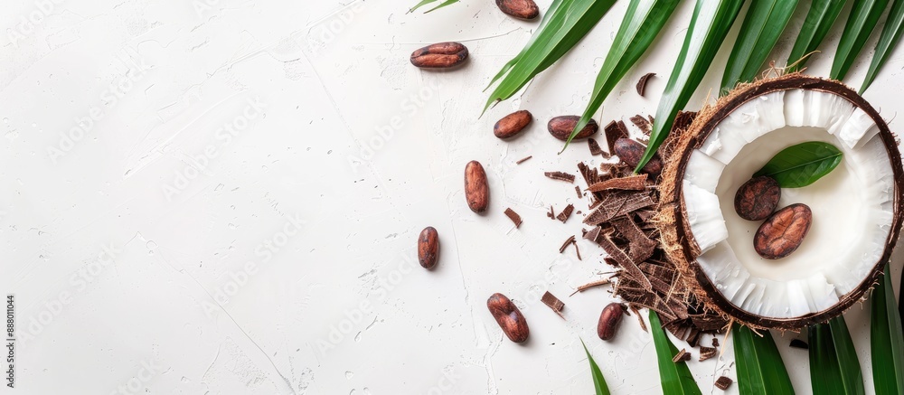 Poster half a coconut with coconut shavings cocoa beans and green palm leaves viewed from the top on a whit
