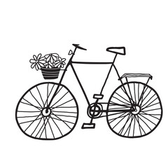Hand drawn doodle bicycle with a bucket of flowers.