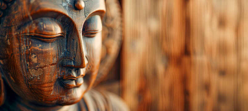 Primer plano del rostro de Buda con espacio para copiar en el lado derecho, fondo bokeh, textura detallada e iluminaci&oacute;n suave. foto sim&eacute;trica perfecta, centrada, copiar texto
