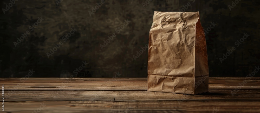 Poster a paper bag placed on a wooden table with a dark background creating a simple and rustic composition