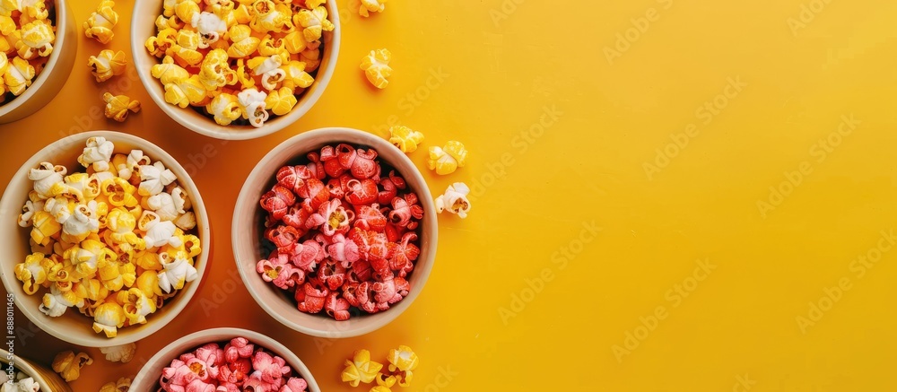 Poster from above a yellow table displays various flavored popcorn with room for text beside them in the co