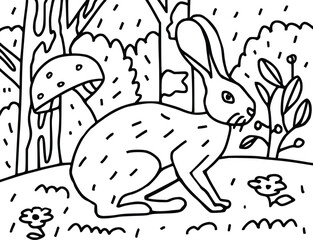 Cute rabbit illustration, colouring page.