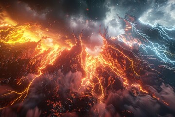 Fototapeta premium Fiery Volcanic Eruption with Lightning Strikes in Dark Stormy Sky