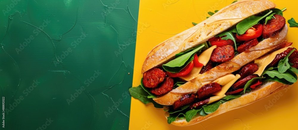 Poster a sandwich made with chorizo cheese and vegetables is displayed on a background of yellow and green 