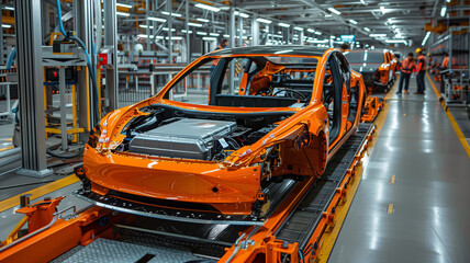Fototapeta premium An electric vehicle assembly line with workers installing battery packs into the chassis