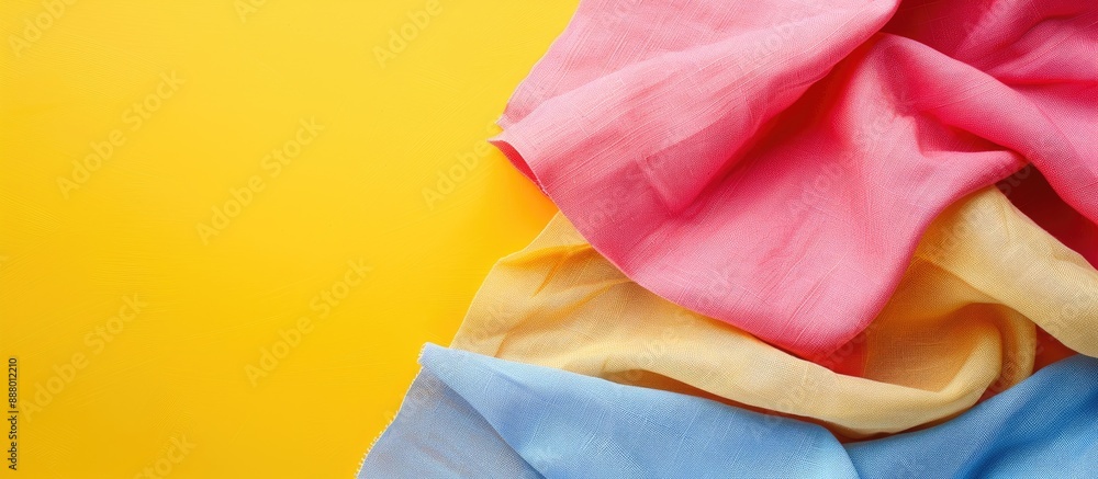 Aufkleber top view of cotton fabric on a colorful background with copy space image