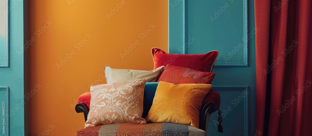 Aufkleber chair adorned with various cushions against a colored backdrop featuring room for text on a copy spa