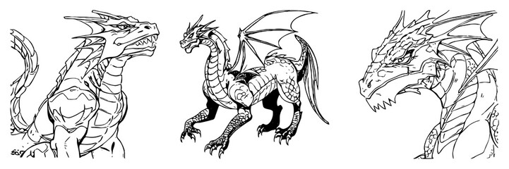 Fototapeta premium Dragon. Line art. Logo design for use in graphics. T-shirt print, tattoo design. Minimalist illustration for printing on wall decorations. Generated by Ai