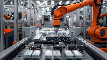 Robotic arms precisely assembling battery modules in an automated production line