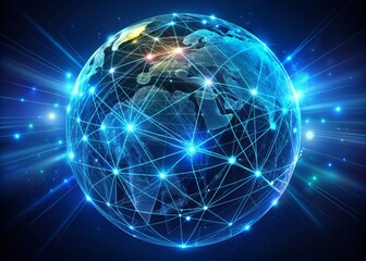 Obraz premium A futuristic globe with glowing blue lines and nodal points, representing a vast, interconnected communication network, set against a dark blue background with subtle city lights.