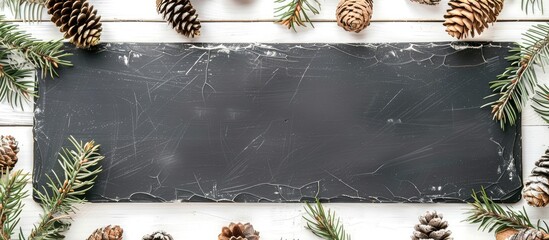 Top down view of a festive arrangement with pine cones on a blackboard set against a white wooden backdrop ideal as a background for an End of Year sale or promotion with room for text or logo