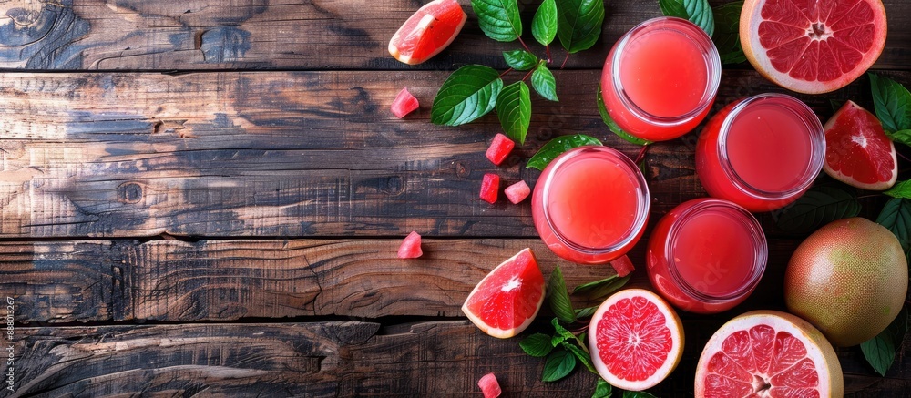 Poster wooden table with pink pomelo juice glasses fruits and space for adding text in a flat lay copy spac