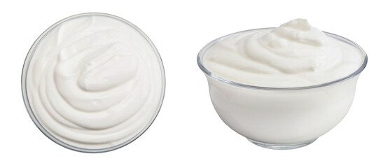 sour cream or yogurt in glass bowl isolated on white background with full depth of field. Top view. Flat lay