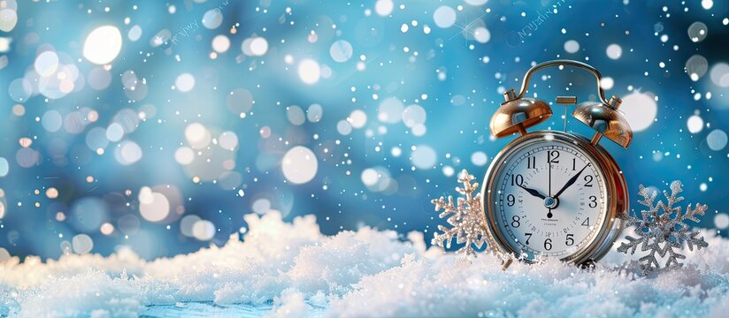 Alarm clock on a chilly blue backdrop with snowflakes symbolizing winter and the anticipation of Christmas and New Year s Eve with copy space image