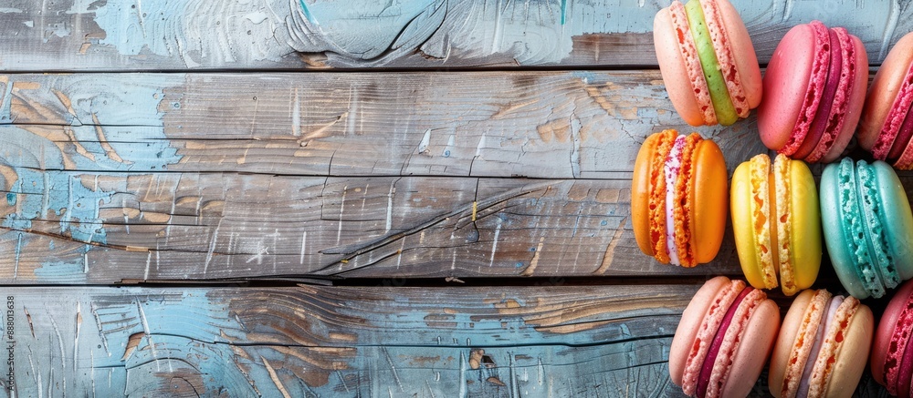 Poster a colorful french macaron cake displayed on a wooden background with room for text horizontal photo 
