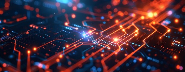 Abstract Digital background with glowing particles and lines symbolizing data transfer in cyberspace. Ideal for tech, AI, and graphics themes.