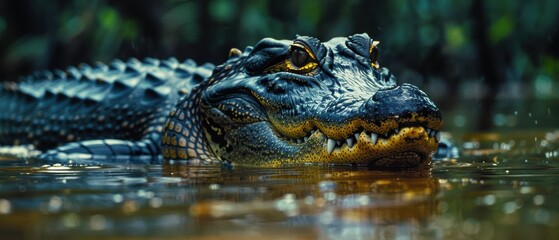 Fototapeta premium Primeval Predator: Menacing Black Caiman Camouflaged in Amazonian Swamp Waters