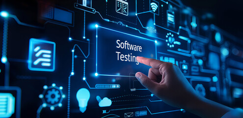 A hand touches a digital screen with text Software Testing and icons. Defects, bugs, errors in codes, Quality assurance, digital technology, AI.
