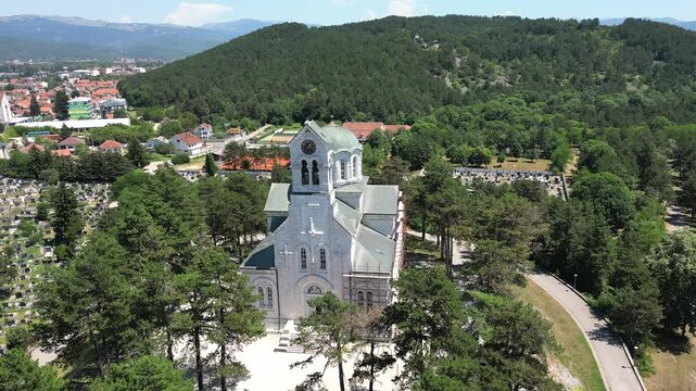 Aerial view of the Christian Cathedral of St. Basil of Ostrog in the city of Niksic, Montenegro