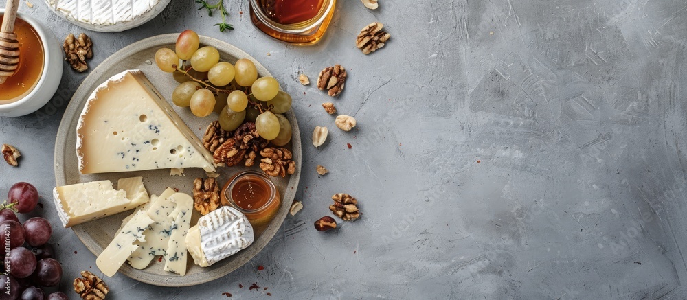 Poster flat lay arrangement of a cheese plate with honey grapes and nuts on a grey table providing ample sp