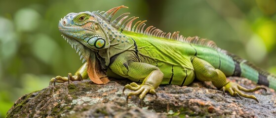 Fototapeta premium Majestic Green Iguana Basking on a Sunlit Rock in Lush Amazon Rainforest