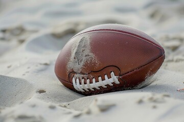 Brown leather football embedded in white sand on beach