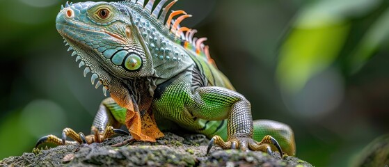 Fototapeta premium Majestic Green Iguana Basking on a Sunlit Rock in the Lush Amazon Rainforest