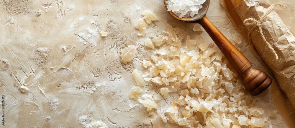 Poster light background with parchment and salted lard pieces creating a copy space image