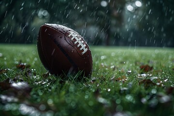Football lying in grass during rainy day