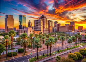 Vibrant orange and pink hues illuminate the urban skyline of downtown Phoenix at sunset, with sleek skyscrapers and palm trees lining the deserted streets.
