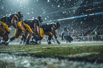 American football players lined up in the snow during a game
