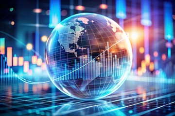 Obraz premium Abstract digital business chart with a globe overlay on a blurry background