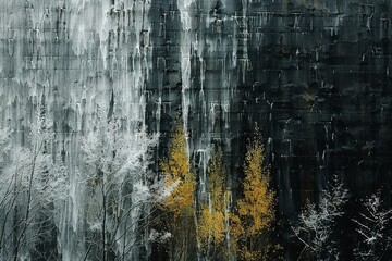 Naklejka premium Abstract black, white, and yellow paint splatters creating a dramatic and modern art piece with dynamic textures and contrasts.
