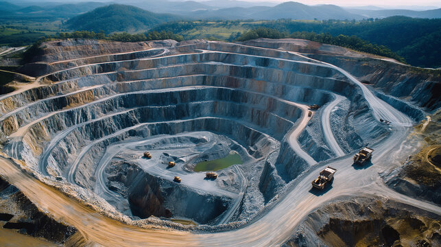 An open pit mine. Gold, diamond, silver, minerals, or copper mine concept. Top view.