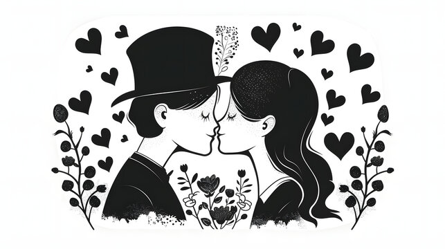 Husband and wife, valenties day, clip art, black and white background.