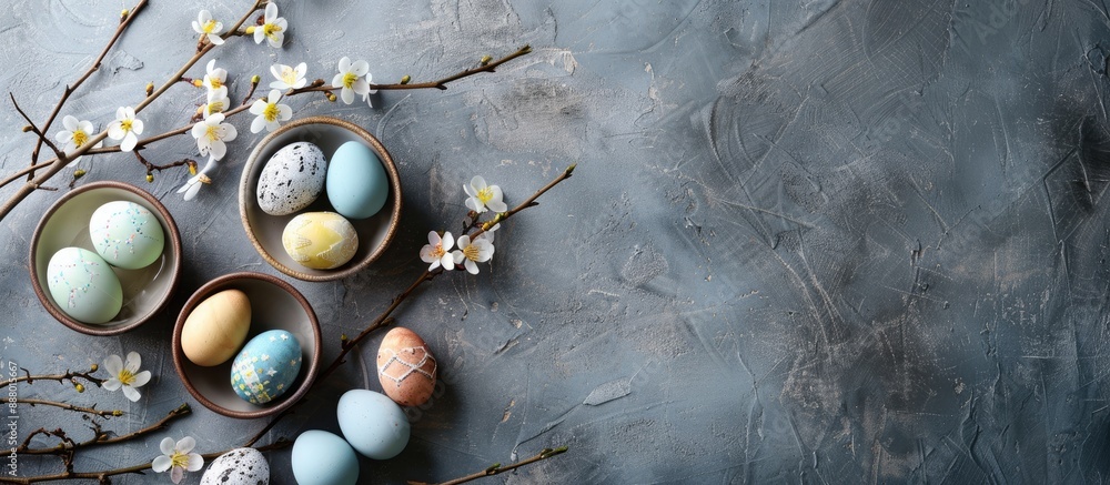 Poster an easter themed table setting with eggs on a concrete backdrop seen from above leaving room for tex