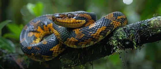 Obraz premium Majestic Anaconda Coiled Around a Tree Branch in the Lush Amazon Jungle