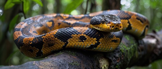 Naklejka premium Serene Anaconda Majestically Coiled on Amazon Rainforest Tree Branch