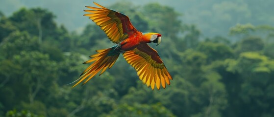 Majestic Red-and-Yellow Macaw Soaring Over Lush Amazon Rainforest Canopy