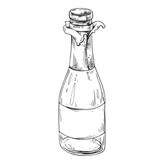 A open bottle with champagne, a wrapper and an empty white label. Line art is a simple hand-drawn illustration in black and white ink. Isolated vector EPS object.