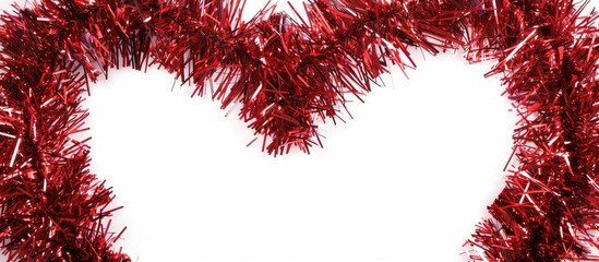 Heart bordered red tinsel frame on white backdrop for personalized message with copy space image