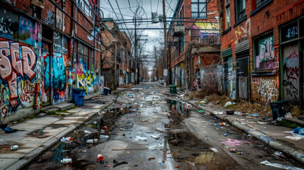 Fototapeta premium Poor, abandoned, dangerous neighborhood, garbage and graffiti everywhere