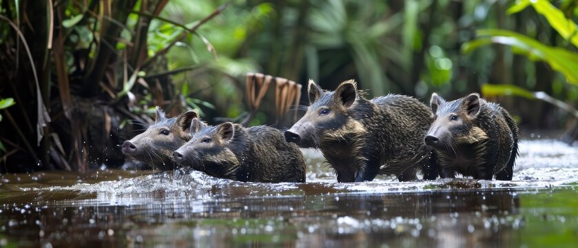 Herd of Peccaries Crossing a River in Lush Amazon Rainforest